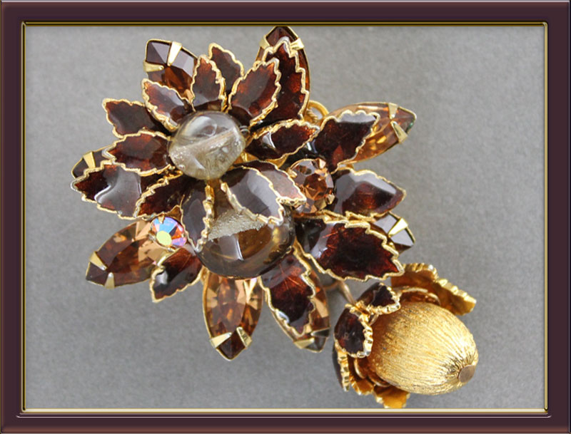 DeMario-smoked-topaz-enamel-&-RS-brooch-with-dangling-golden-acorn