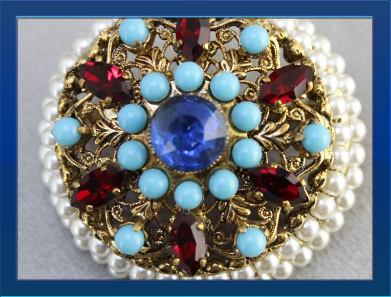 Germany-round-cushion-brooch-red-blue-RS-and-pearls