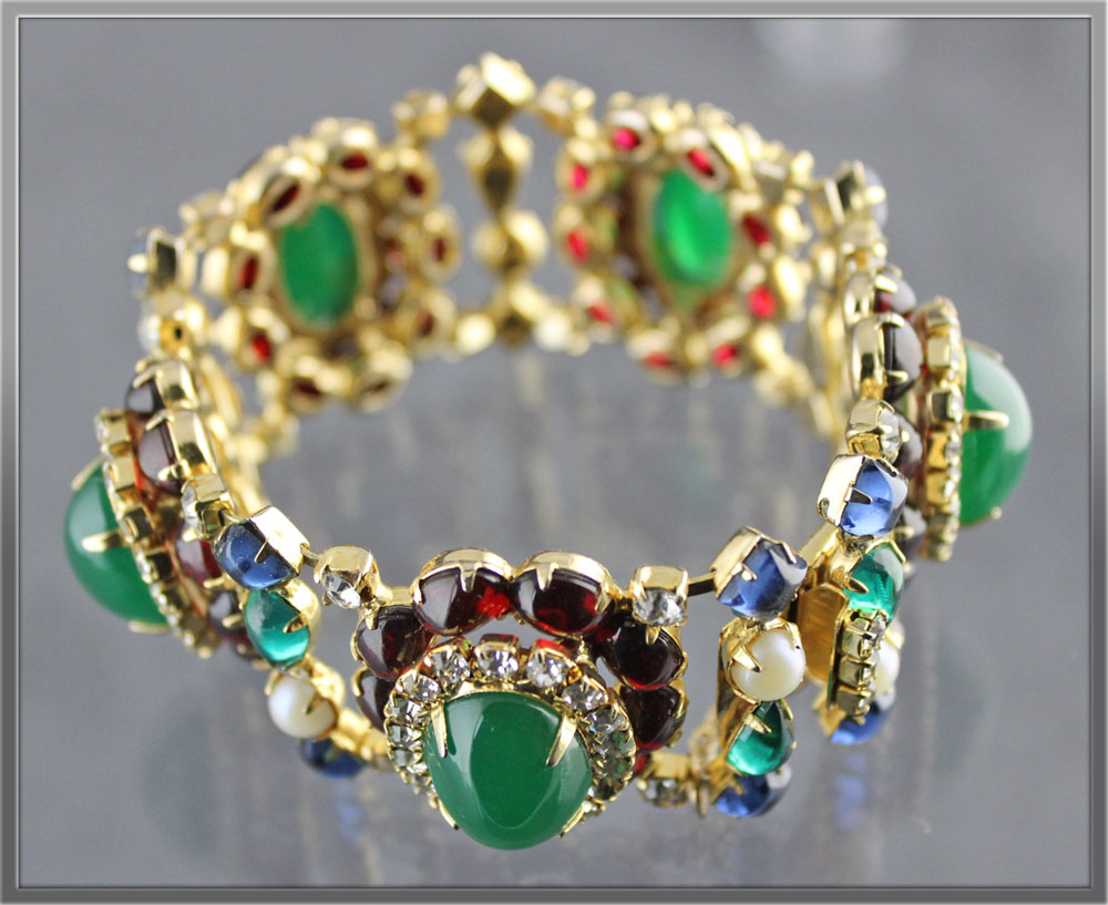 Gorgeous Eastern inspired Colorful Art Glass cabochon Link bracelet with security chain. Celebrity Bracelet