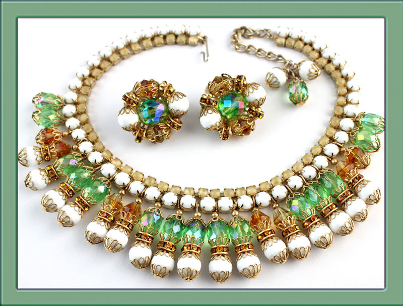 HOBE Collar Necklace and Earrings - Bead & Rhinestone Dangle - Signed