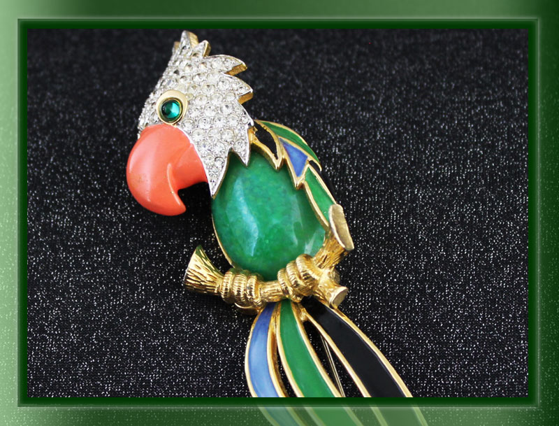 Jomaz Colorful Enamel and Rhinestone Parrot Brooch with Green Cab Belly