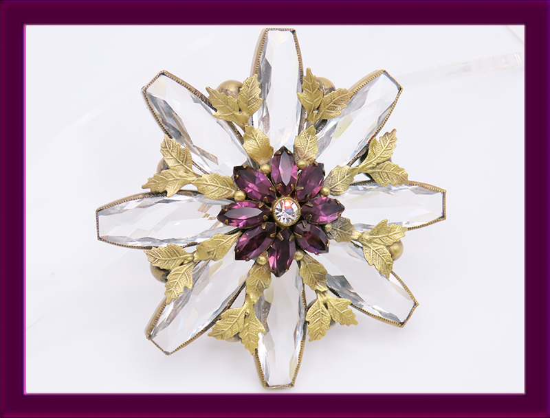 Joseff-of-Hollywood-crystal-flower-brooch-with-Amethyst-center-rhinestones