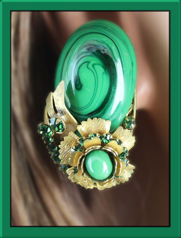 Miriam-Haskell-green-and-black-art-glass-earrings-with-emerald-green-chatons