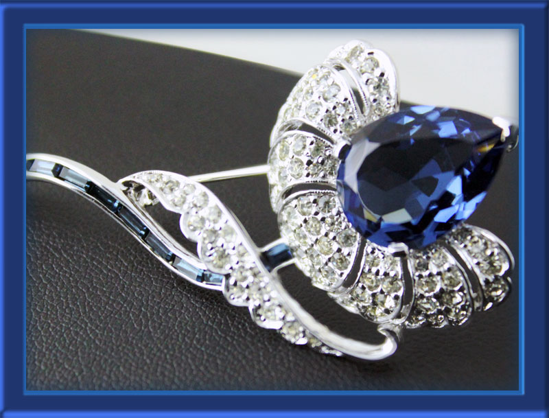 Panetta-Silver-Tone-Floral-Brooch-with-Sapphire-Bud