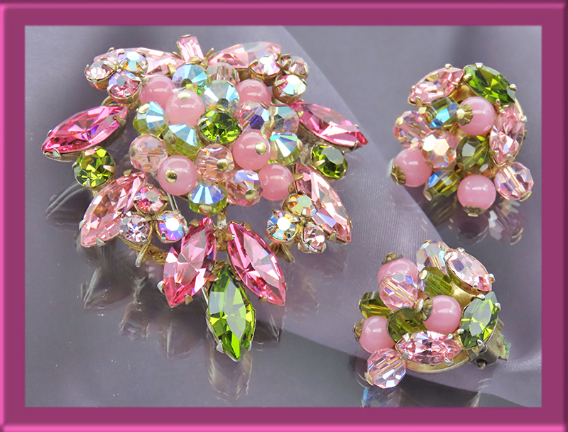 Regency-Jewels-pink-brooch-and-earrings-with-pink-beads-pink-and-green-rhinestones