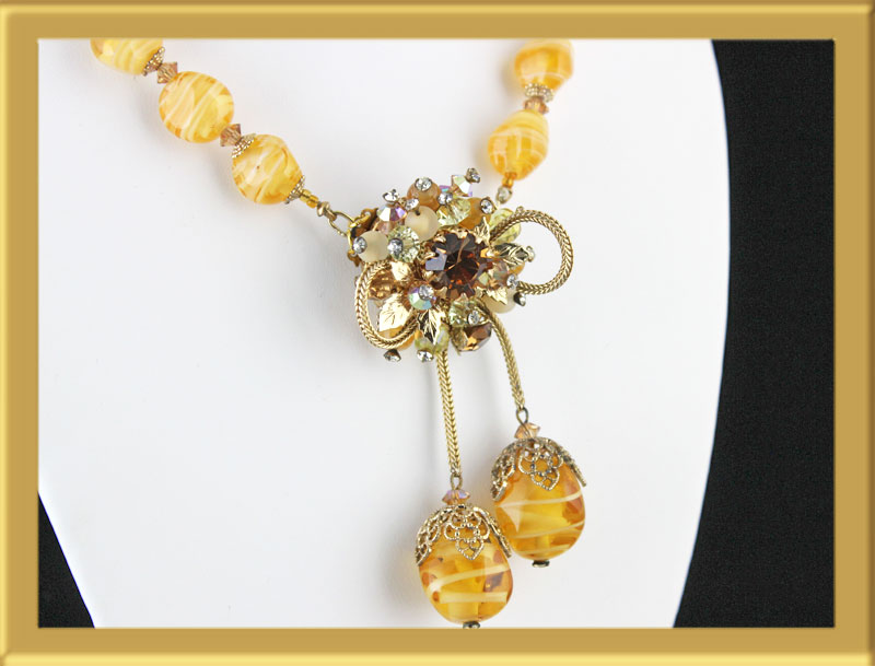 Amber Glass Bead Necklace with Ornate Clasp