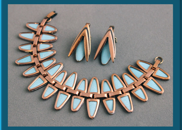 Matisse-bracelet-earrings-copper-turquoise-enamel-nefertitti-design