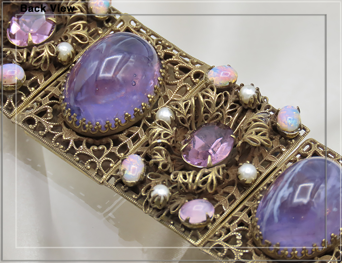 Amethyst art glass & Faux Opal Exquisite Filigree Panel Bracelet
