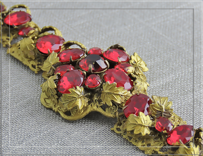 Lavish Ruby Red Ornate Filigree Panel Bracelet 